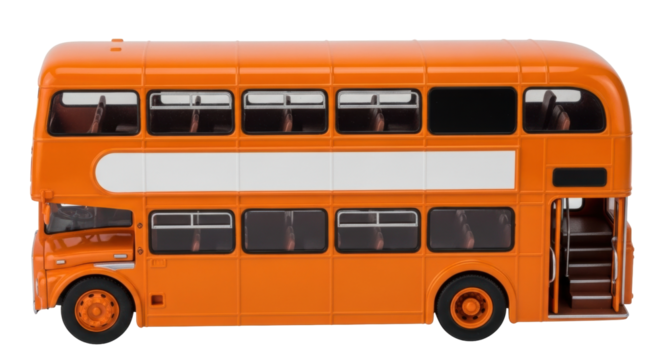 Isolated Orange double-decker bus toy, close-up side view, retro model for tourism promotion
