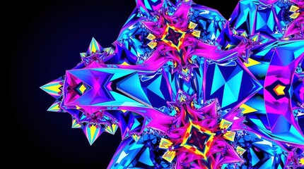 Geometric kaleidoscopic structure with blue, pink, and yellow hues on black