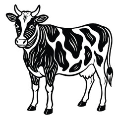 Fototapeta premium A black and white illustration of a cow standing in a field, isolated on white background the cow has spots and horns, and is facing forward the cow is looking at the viewer with a curious expression