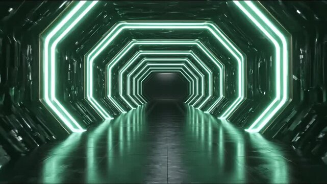 Futuristic sci-fi tunnel with glowing neon green lights and octagonal shape, abstract modern technology background