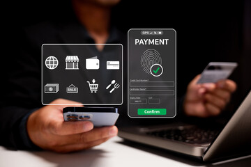 A person using a phone for digital payment with icons representing online shopping and transaction confirmation displayed on the screen.