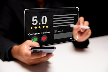 A person reviews a service with a 5-star rating on a mobile device, showcasing a customer feedback interface with icons for approval and disapproval.