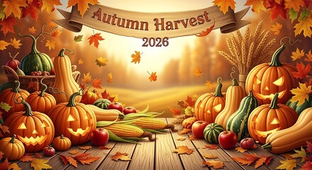 Warm autumn harvest 2020 celebration with pumpkins corn and colorful fall foliage