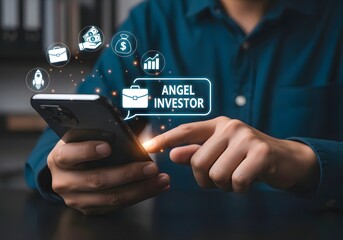 Person using smartphone with angel investor icon and other business related icons floating around it