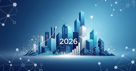 Futuristic cityscape 2026 digital technology growth skyline abstract blue light
