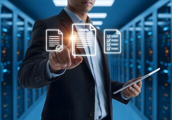 A businessman interacting with digital documents in a server room environment for data management
