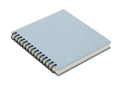 Isolated light blue closed notebook with ring binder is laying on table or desk indoors