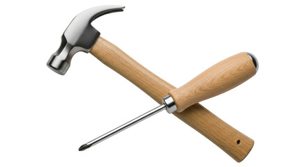 Isolated claw hammer with wooden handle and screwdriver studio image on clean backdrop