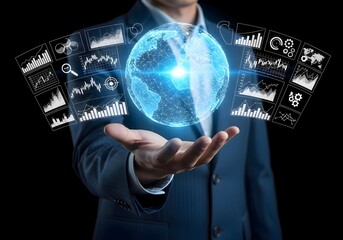 A person holding a glowing globe with data charts and graphs surrounding it on a black background