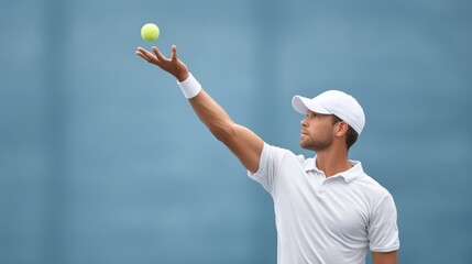 Tennis player serving a ball against a blue background, showcasing athleticism and focus.