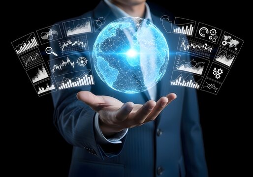 A person holding a glowing globe with data charts and graphs surrounding it on a black background