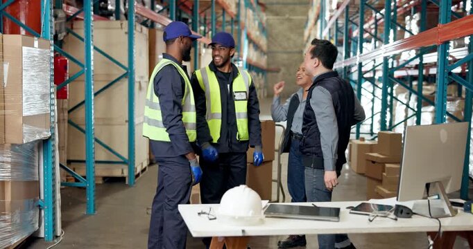 Teamwork, people and high five in warehouse with applause, logistics and distribution. Quality control, manager and collaboration in storage facility for success, celebration or goal in supply chain