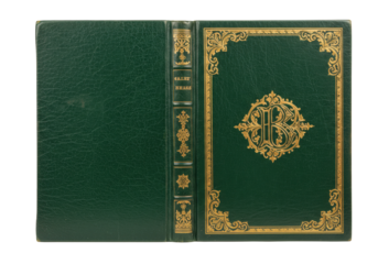 Isolated antique book with a decorated green cover and golden title on the spine edge