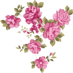 An elegant pink floral motif featuring bold roses and delicate petals with muted green foliage, arranged in a cascading, asymmetrical pattern suitable for wallpapers or textiles.