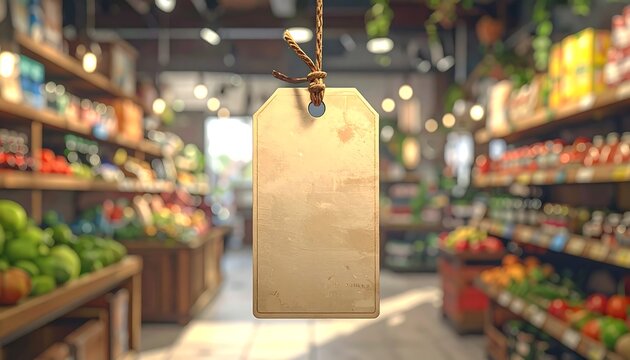 A blank, aged price tag hangs, blurring a market's produce and shelves, creating a visual focus - Powered by Adobe