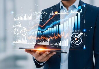 Businessman holding tablet displaying financial data charts and target interface overlaying screen