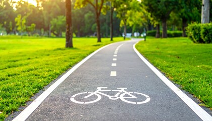 Scenic Bike Path Through Lush Green Park on a Sunny Day.