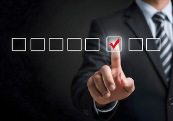 Businessman in suit pointing at a checklist box with a red check mark on a dark background