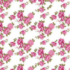 An elegant pink floral motif featuring bold roses and delicate petals with muted green foliage, arranged in a cascading, asymmetrical pattern suitable for wallpapers or textiles.