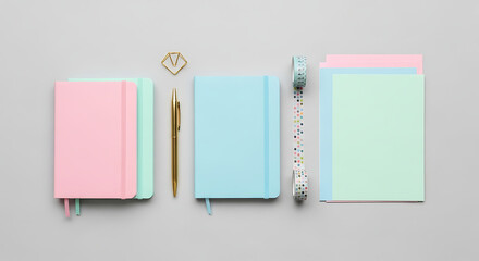 Top view of pastel colored notebooks, a pen, and washi tape arranged on a gray surface creating a visually appealing and organized composition, ideal for stationery or creative workspace themes