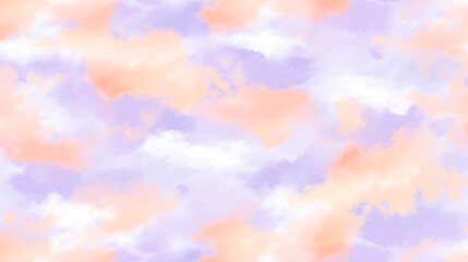 Watercolor illustration featuring fluffy clouds in vibrant pink, purple, and orange shades, creating a dreamy sky ambiance with soft textures and gradients