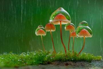 Bright orange mushrooms thrive on soft green moss, adorned with glistening water droplets, showcasing the beauty of nature in a tranquil forest setting