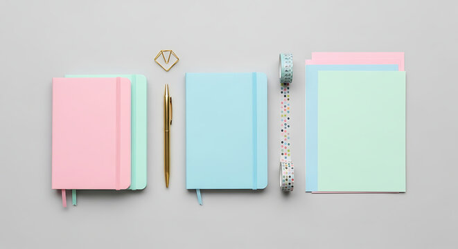 Top view of pastel colored notebooks, a pen, and washi tape arranged on a gray surface creating a visually appealing and organized composition, ideal for stationery or creative workspace themes