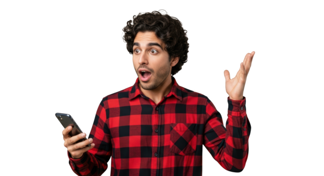 Shocked man with smartphone gesturing amazement and excitement isolated on transparent background