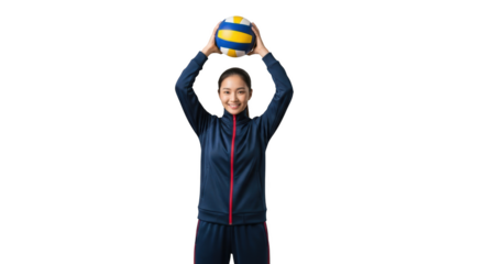 Smiling asian woman holding volleyball overhead in sportswear isolated on transparent background