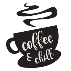 Typographic coffee cup vector illustration with a large hot beverage mug with steam and text on a white background. Apparel graphic artwork. 