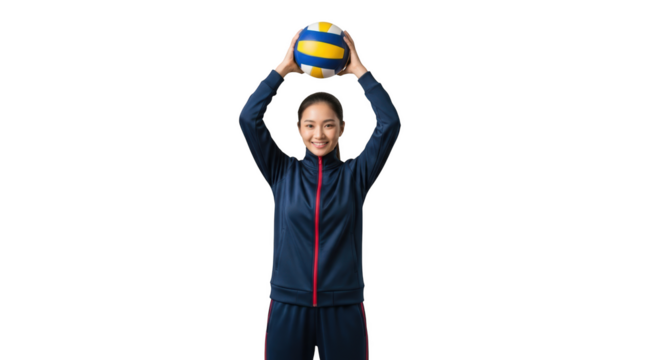 Smiling asian woman holding volleyball overhead in sportswear isolated on transparent background