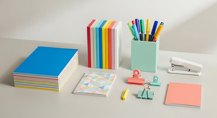 An organized arrangement of colorful stationery items on a neutral surface, featuring paper stacks, pens, clips, and a stapler, perfect for illustrating office supplies or creative projects
