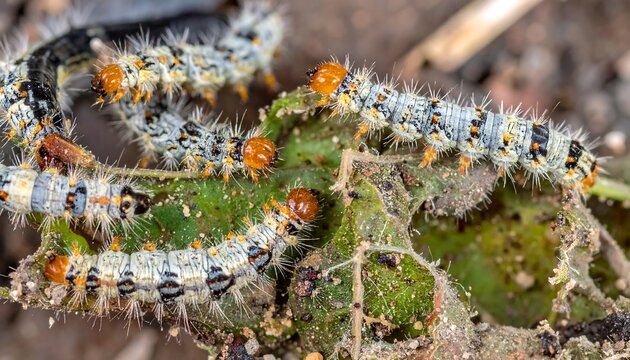 A close-up macro captures several caterpillars feasting on a leafy green plant, displaying detail