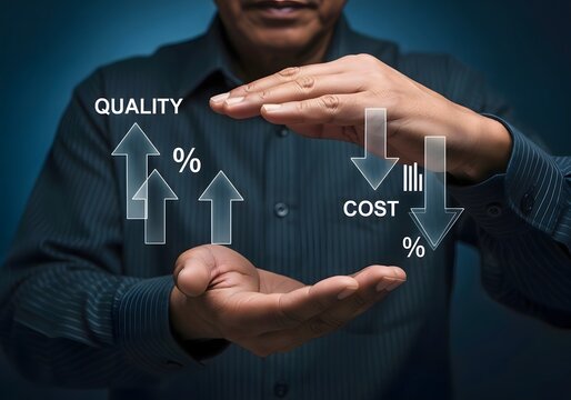 Man presenting quality increase and cost decrease with hands on a blue background in a studio shot