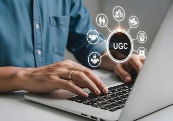 Man typing on a laptop with user generated content graphic overlay demonstrating online engagement icons