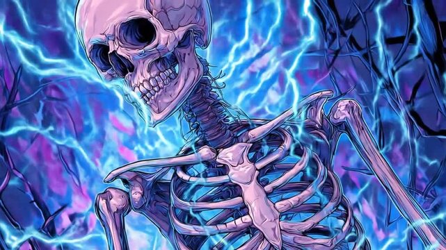 Artistic skeleton figure surrounded by electric blue energy