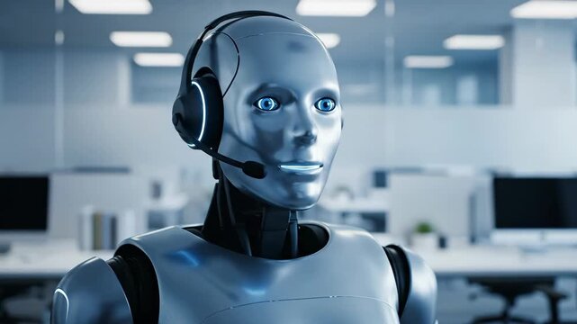 A futuristic humanoid AI robot with a metallic body and blue eyes wearing a headset works as a customer service agent in a modern call center office

