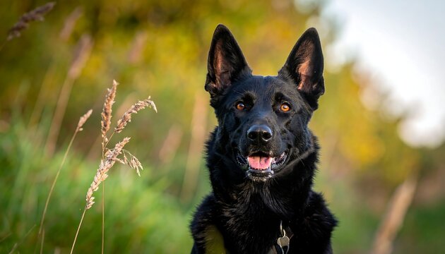 A close-up portrait features a black German Shepherd, its alert eyes fixed on the viewer. The dog poses in an outdoor setting, near tall grasses