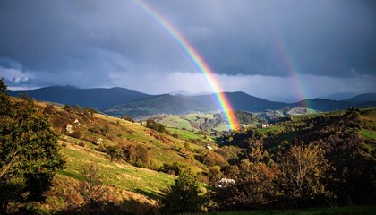 countryside hilly landscape with dark clouds and a vibrant rainbow