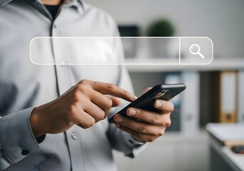 Man using smartphone with search bar overlay for information retrieval and online browsing concept
