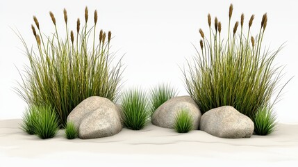 Grey Stones and Lush Green Grasses on White Sand