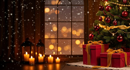 Festive Christmas window scene with glowing lights, falling snow, and wrapped holiday gifts.