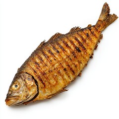 Grilled Fish on White Background Top View of Golden Brown Fish