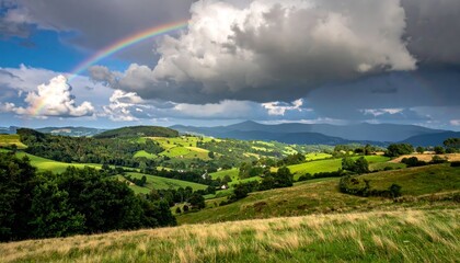 Fototapeta premium countryside hilly landscape with dark clouds and a vibrant rainbow