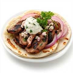 Grilled Meat Slices with Creamy Sauce on Flatbread
