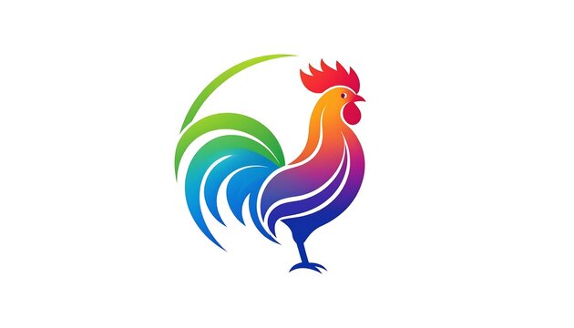 A colorful rooster illustration, designed in a gradient style, features a vibrant mix of red, orange, yellow, green, blue and purple against a plain white background