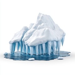 Icy Blue Icicles Hanging on a Crisp White Snow Covered Iceberg on White Background