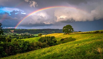 Fototapeta premium countryside hilly landscape with dark clouds and a vibrant rainbow