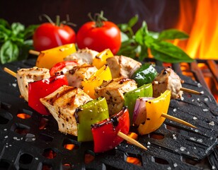 Grilled Colorful Vegetable and Chicken Skewers.