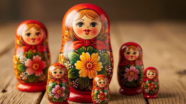 A beautiful traditional set of hand-painted Russian Matryoshka nesting dolls with a large mother doll and several smaller daughter dolls sits on a wooden surface

